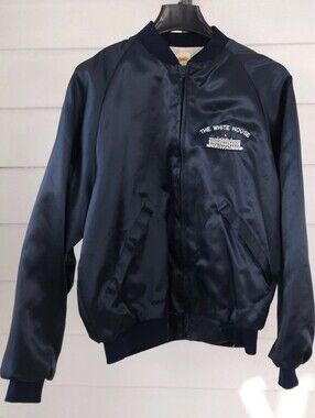 Vintage The White House Satin Bomber Jacket Navy Blue Embroidered Made in USA M